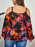 Plus Size Abstract Print Cold Shoulder Straps Long Sleeves Casual Top