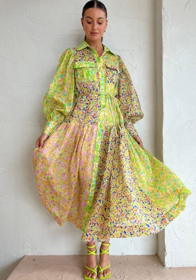 Floral Colorblock Balloon Sleeve Maxi Dress