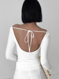 Wholesale Solid Long Sleeve Off Shoulder Backless Lace-up Top