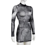 Fashion Print Mesh Mock Neck See-Through Long Sleeve Bodycon Dress