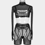Wholesale Lingerie See-Through Mesh Long Sleeve Gloves Sexy Four-piece Lingerie set