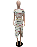 Multi-Color Striped Knitting Short Sleeve Crop Top Slit Skirt 2PCS Set