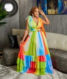 Wholesale Sexy Deep V-Neck Sleeveless Colorful Layered Maxi Dress