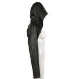Wholesale Black PU Leather Long Sleeve Hood Crop Jacket