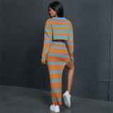 Striped Sexy Knitting Contrast Top and Slit Skirt 2PCS set