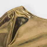 Wholesale Metallic Shiny PU Leather Long Sleeve Bodycon Backless Maxi Dress