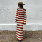 Knitting Stripe Hollowed Contrast Holidays Beach Maxi Dress