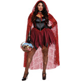 Halloween Classic Costume Vampire Little Red Riding Cosplay Hooded Mesh Cloak Witch Dress