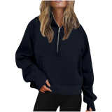 Fall Winter Ladies Sports 1/2 Zipper Front Pocket Loose Fleece Hoodie Sweater