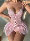 Pink Lace Backless See-Through Mesh Sexy Bow Bodysuit Teddies Lingerie