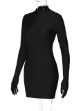 Solid Long Sleeve Sexy Mock Neck Bodycon Dress with Gloves