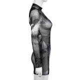 Fashion Print Mesh Mock Neck See-Through Long Sleeve Bodycon Dress