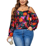 Plus Size Abstract Print Cold Shoulder Straps Long Sleeves Casual Top