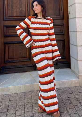 Knitting Stripe Hollowed Contrast Holidays Beach Maxi Dress