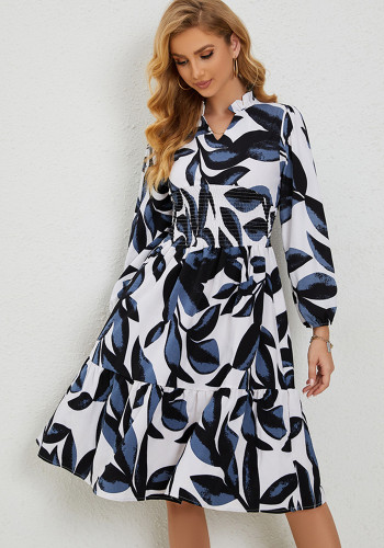 Printed Shirred Long Sleeve Casual Dress