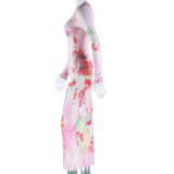 Floral Printed Round Neck Long Sleeve Bodycon Maxi Dress