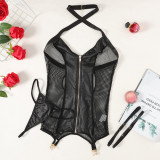 Black PU Leather Fishnet Patchwork Hollow Backless One-piece Sexy Lingerie
