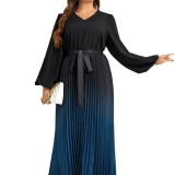 Plus Size V-neck Loose Contrast Pleated Dress
