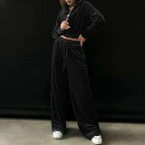 Solid Velvet Sports Hooded Jacket and Pants Casual 2PCS Set