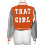 Wholesale Patchwork PU Leather Button Down Letter Embroidered Baseball Jacket