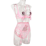 Sexy Hollow Out See-Through Mesh Four-Piece Lingerie Set with Nipple Cover