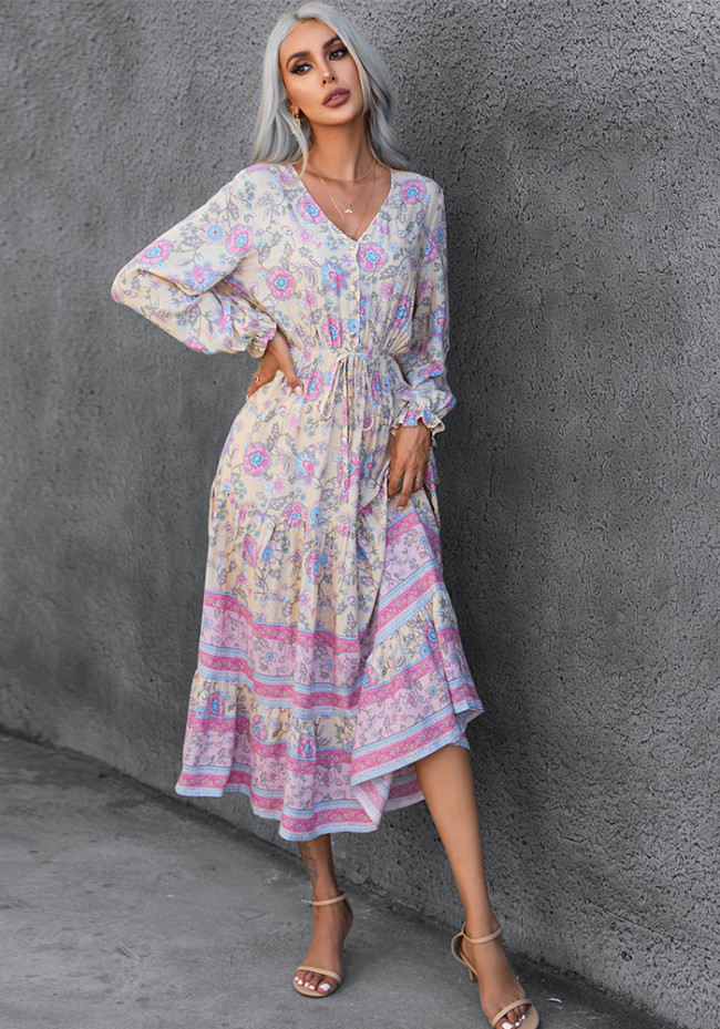 Bohemian Casual Holidays Long Sleeve Print Long Swing Dress