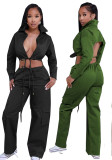 Women Tie Front Cutout Back Crop Top Cargo Pants Casual 2PCS Set