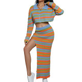 Striped Sexy Knitting Contrast Top and Slit Skirt 2PCS set