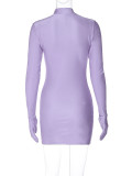 Solid Long Sleeve Sexy Mock Neck Bodycon Dress with Gloves