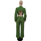 Women Tie Front Cutout Back Crop Top Cargo Pants Casual 2PCS Set