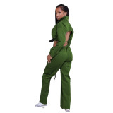 Women Tie Front Cutout Back Crop Top Cargo Pants Casual 2PCS Set