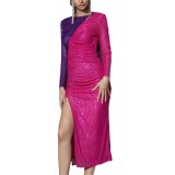 Sexy Sequin Patchwork Long Sleeve Slit Cocktail Dress