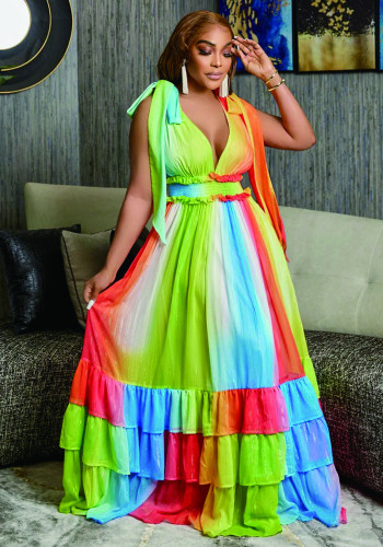 Wholesale Sexy Deep V-Neck Sleeveless Colorful Layered Maxi Dress