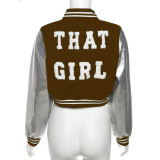 Wholesale Patchwork PU Leather Button Down Letter Embroidered Baseball Jacket