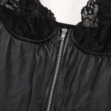 Sexy PU Leather Zipper Lace Patchwork Cami Nightdress
