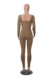 Solid Long Sleeve Ribbed Square Neck Low Back Work Out Jumpsuit