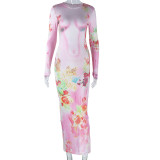 Floral Printed Round Neck Long Sleeve Bodycon Maxi Dress