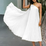 Solid Pleated One Shoulder Sleeveless Long Dress
