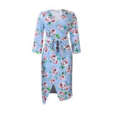 Plus Size Floral Print V-Neck Tie Waist Slit Midi Dress