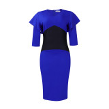 Plus Size Ladies Contrast Color Patchwork 3/4 Sleeve Midi Dress
