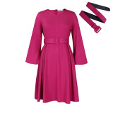 African Long Sleeve Solid Swing Dress With Belt