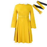 African Long Sleeve Solid Swing Dress With Belt
