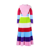 Print Contrast Color Long-sleeved T-Shirt and Long Pleated Skirt 2PCS Set
