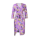Plus Size Floral Print V-Neck Tie Waist Slit Midi Dress