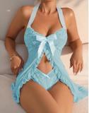Sexy Womens Lingerie Halter Mesh Lace Transparent Nightdress with Pantie