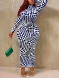 Plus Size Wholesale Long Sleeve Print High Neck Bodycon Maxi Dress