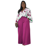 Women's Loose Print Shirt Top + Wide Leg Pants Plus Size 2PCS Set