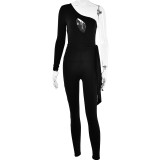 Solid Tight Fashion Sexy One Shoulder Long Sleeve Jumpsuit