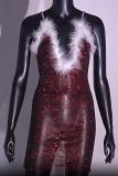 Black/Red Sparkly Rhinestone Cami Deep-V Club Dress with Fur Trim