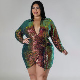 Plus Size Long Sleeve Deep-V Sequin Bodycon Dress